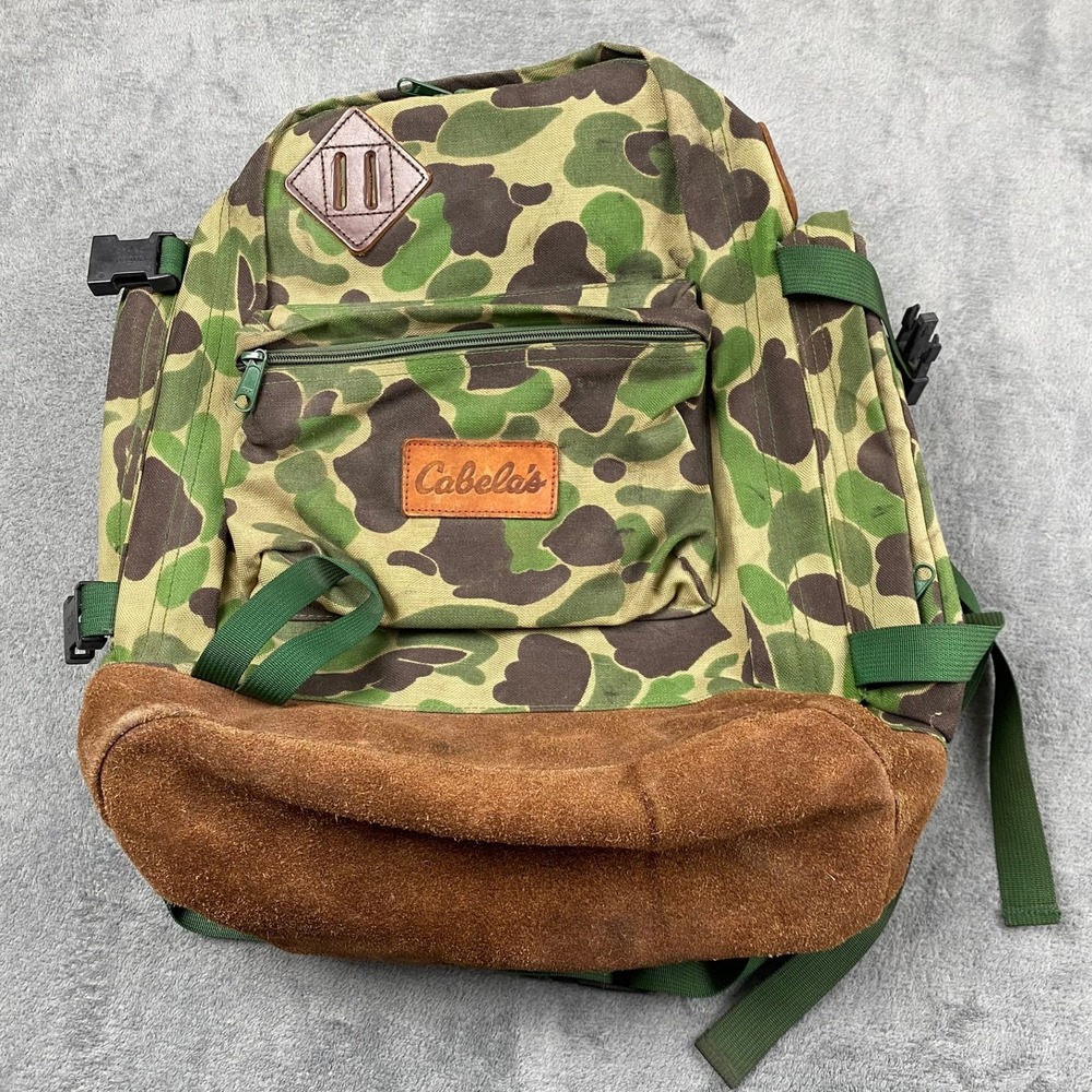 Vintage Cabelas Backpack Camo Duck Hunter Suede Bottom Canvas Green